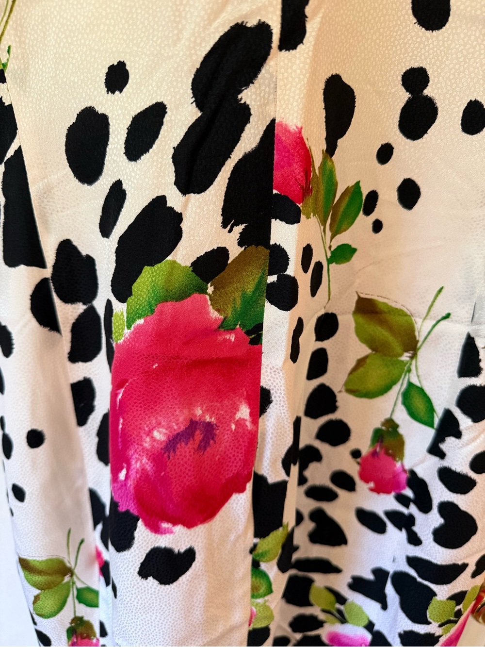 Nipon Boutique White Silk Dress with Black Spots and Pink Accents
